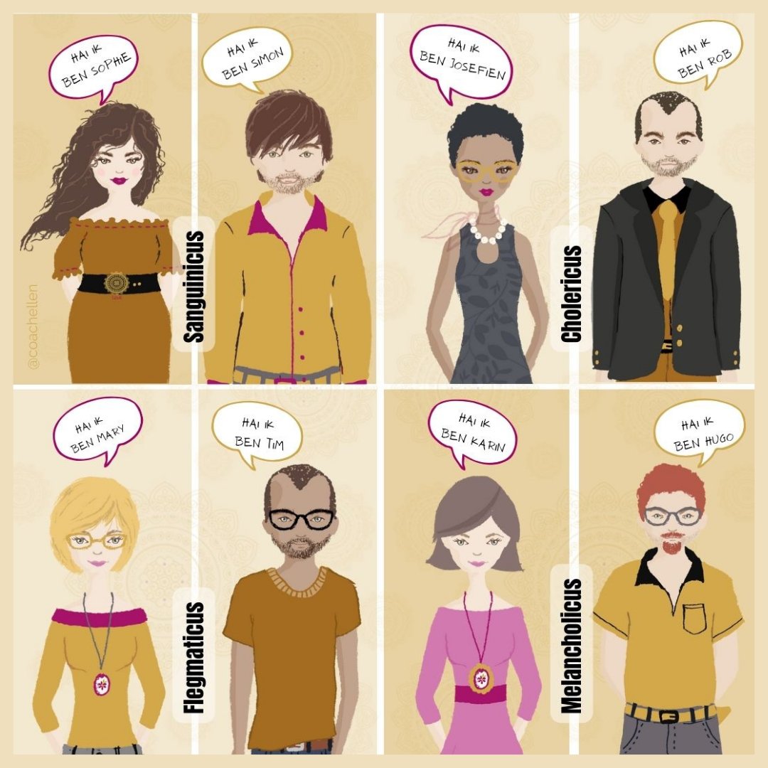 De 4 temperamenten: Sophie en Simon, Josefien en Rob, Mary en Tim, Karin en Hugo